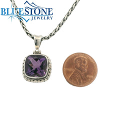 Medium Sterling Silver Pendant with One Square Cushion Cut Amethyst on
