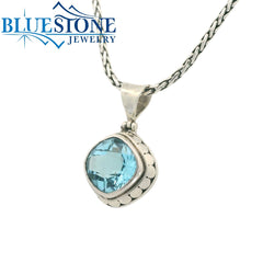Medium Sterling Silver Pendant with One Cushion Cut Blue Topaz Gemston