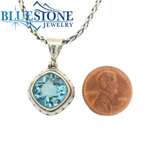 Medium Sterling Silver Pendant with One Cushion Cut Blue Topaz Gemston