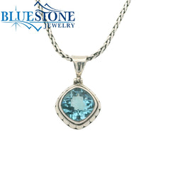 Medium Sterling Silver Pendant with One Cushion Cut Blue Topaz Gemston