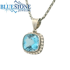 Large Sterling Silver Dot Pendant with One Square Cushion Cut Blue Top