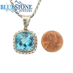 Large Sterling Silver Dot Pendant with One Square Cushion Cut Blue Top