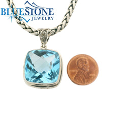 Extra Large Sterling Silver Dot Pendant with One Square Cushion Cut Bl
