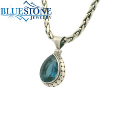Large Sterling Silver Pendant with a Teardrop Cut London Blue Topaz Ge