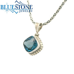 Small Sterling Silver Pendant with One Square Cushion Cut London Blue