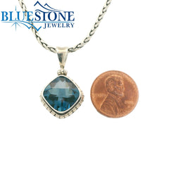 Small Sterling Silver Pendant with One Square Cushion Cut London Blue