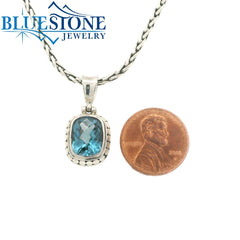 Small Sterling Silver Pendant with One Rectangle Cushion Cut London Bl