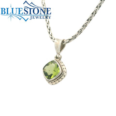 Small Sterling Silver Pendant with One Square Cushion Cut Peridot. Pen