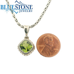 Small Sterling Silver Pendant with One Square Cushion Cut Peridot. Pen