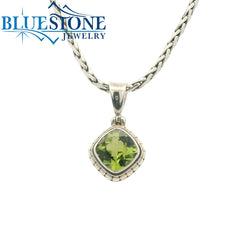 Small Sterling Silver Pendant with One Square Cushion Cut Peridot. Pen