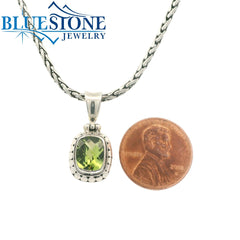 Small Sterling Silver Pendant with One Rectangular Cushion Cut Peridot