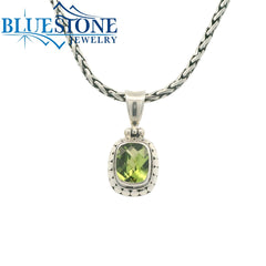 Small Sterling Silver Pendant with One Rectangular Cushion Cut Peridot