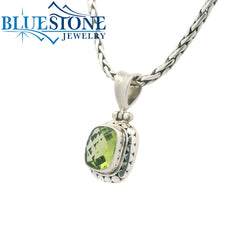 Small Sterling Silver Pendant with One Rectangular Cushion Cut Peridot