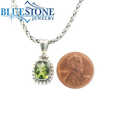Small Sterling Silver Pendant with One Rectangular Cushion Cut Peridot