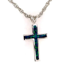 Large Sterling Silver Cross Pendant with Inlaid Synthetic Opal