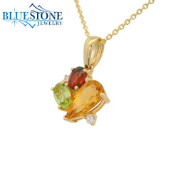 14KYG Cluster Pendant w/ Garnet, Peridot, Citrine & Diamonds