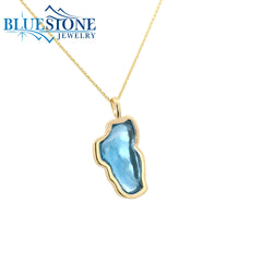 Large Solid 14KYG Hyrdo Blue Topaz Lake Tahoe Pendant