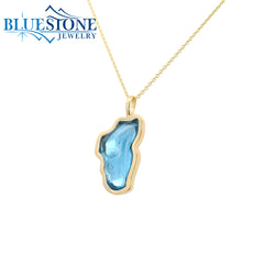 Large Solid 14KYG Hyrdo Blue Topaz Lake Tahoe Pendant