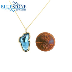 Large Solid 14KYG Hyrdo Blue Topaz Lake Tahoe Pendant