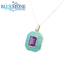 Sterling Silver Pendant w/ Turquoise & Amethyst- 18"