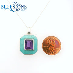 Sterling Silver Pendant w/ Turquoise & Amethyst- 18"