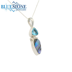 Sterling Silver Pendant w/ Blue Topaz & Abelone - 18"
