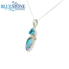 Sterling Silver Pendant w/ Blue Topaz & Abelone - 18"