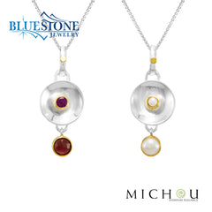 Silver & Gold Reversible Pendant with Garnets and Pearls- 18"