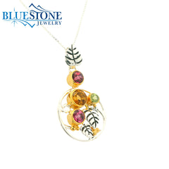 Silver and Gold Pendant with Citrine and Garnet- 18"