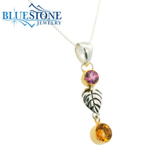 Silver and Gold Pendant with Citrine and Garnet- 18"