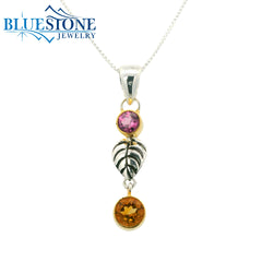 Silver and Gold Pendant with Citrine and Garnet- 18"