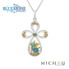 Silver and Gold Cross with Topaz and Amazonite- 18"