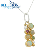 Silver and Gold Pendant with Opals, Peridot and Garnet- 18"
