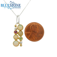 Silver and Gold Pendant with Opals, Peridot and Garnet- 18"