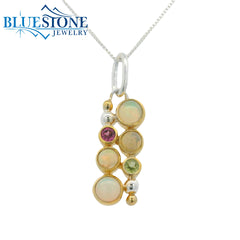 Silver and Gold Pendant with Opals, Peridot and Garnet- 18"