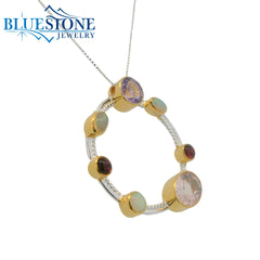 Silver and Gold Pendant with Opals, Pink Topaz, Amethysts and Garnet- 18"
