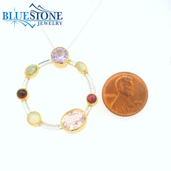 Silver and Gold Pendant with Opals, Pink Topaz, Amethysts and Garnet- 18"