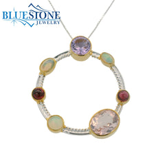 Silver and Gold Pendant with Opals, Pink Topaz, Amethysts and Garnet- 18"