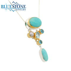 Silver and Gold Pendant with Amazonite, Pearl and Topaz- 18"