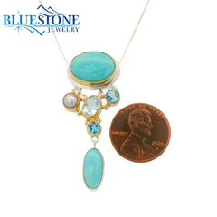 Silver and Gold Pendant with Amazonite, Pearl and Topaz- 18"