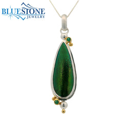 Silver and Gold Pendant with Beetle Wing and Emeralds- 18"