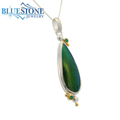 Silver and Gold Pendant with Beetle Wing and Emeralds- 18"