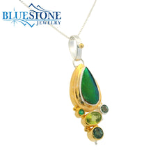 Silver and Gold Pendant with Beetle Wing, Emerald, Peridot and Topaz- 18"