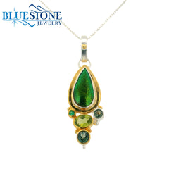 Silver and Gold Pendant with Beetle Wing, Emerald, Peridot and Topaz- 18"