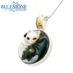 Silver and Gold Yin Yang Cat Mother of Pearl Pendant- 20"