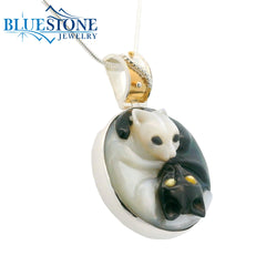 Silver and Gold Yin Yang Cat Mother of Pearl Pendant- 20"