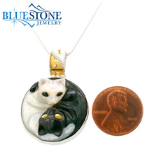 Silver and Gold Yin Yang Cat Mother of Pearl Pendant- 20"