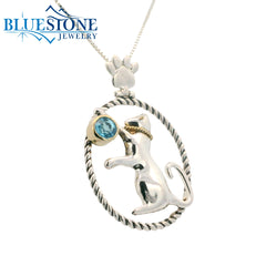 Silver and Gold Cat Pendant with Topaz- 18"