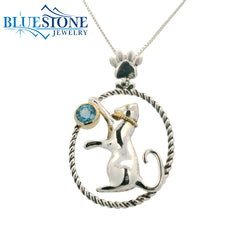 Silver and Gold Cat Pendant with Topaz- 18"