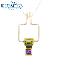 Silver and Gold Pendant with TOpaz, Peridot and Amethyst- 18"